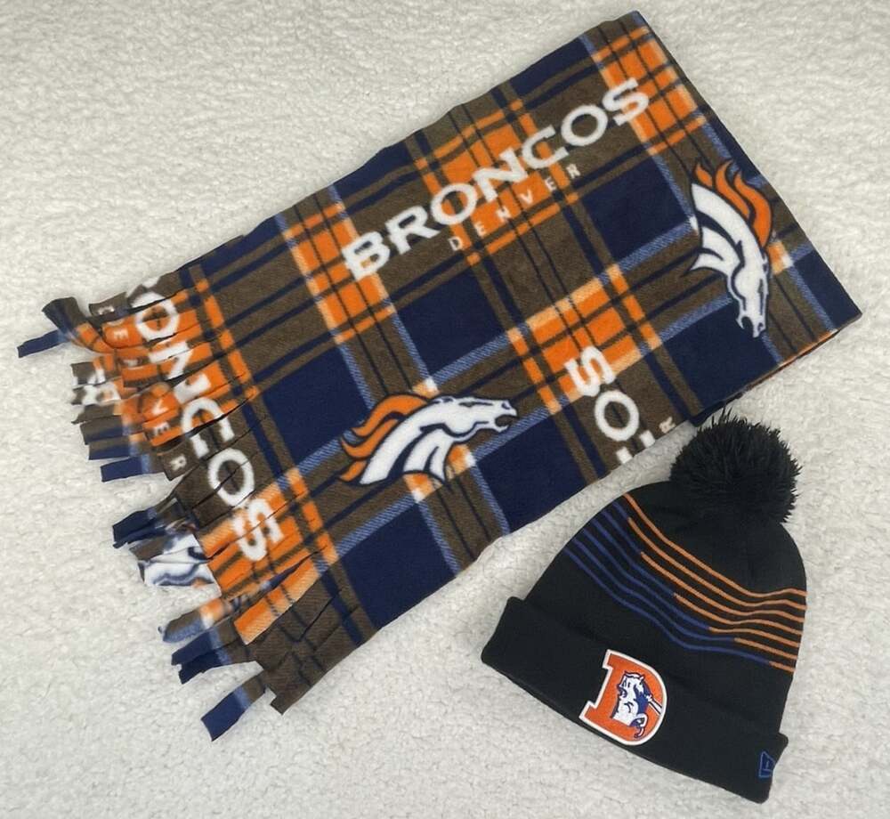 New Era NFL Denver Broncos Knit Beanie Winter Hat Cap & Fleece Plaid Scarf Set